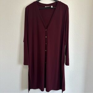 Susan Graver 1X Long Button-Up Cardigan Burgundy Gold Buttons Lightweight